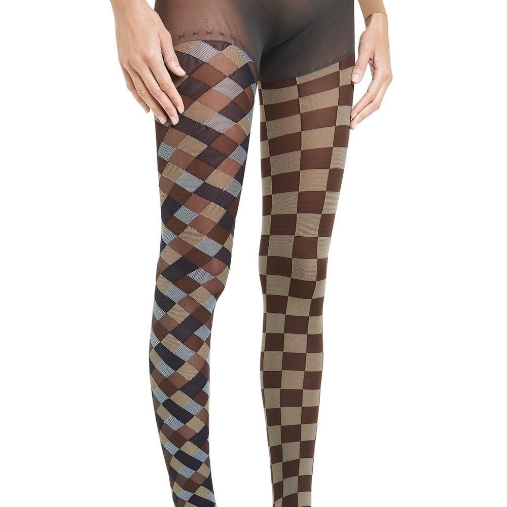 NWT Maison Soksi Grey and Brown Checkered Tights